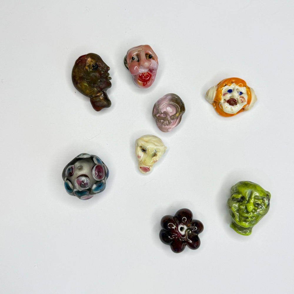Large Artisan Lampwork Glass Bead Lot 9pc Skull Face Clown Gothic OOAK